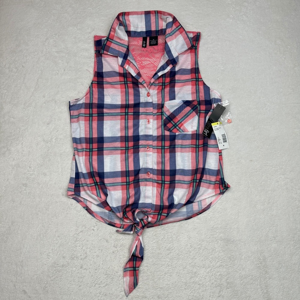 Ultra Flirt Sleeveless Plaid Tie Front Top Coral Navy White Lace Back M NEW